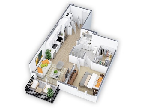 Floor plan for 1 bed, 1 bath, 579 sqft